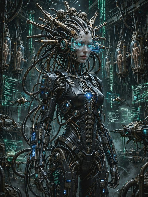 Female cybernetic android with glowing blue eye interfaces stands in a grim futuristic cloning laboratory