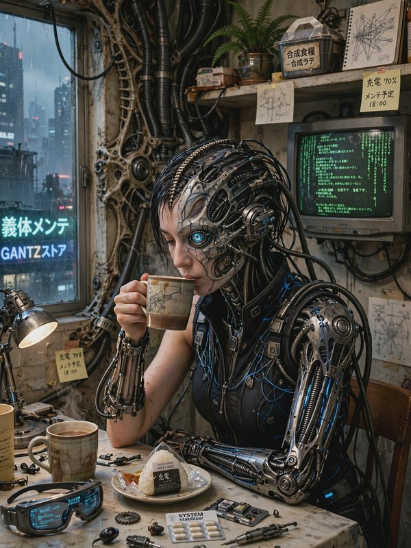 Cyborg woman with mechanical augmentations sips tea at a cluttered desk overlooking a rainy cyberpunk city