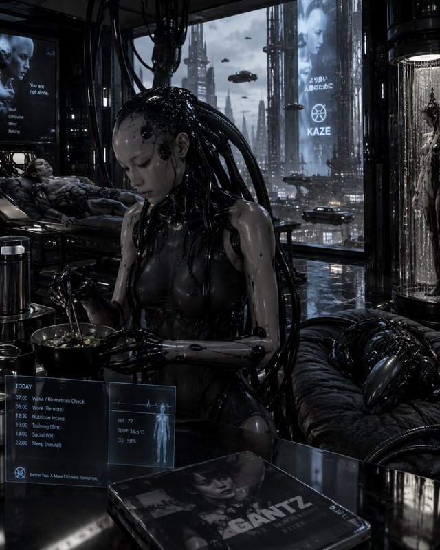 Glossy black cybernetic cyborg woman eats at a high-tech table overlooking a futuristic cyber cityscape