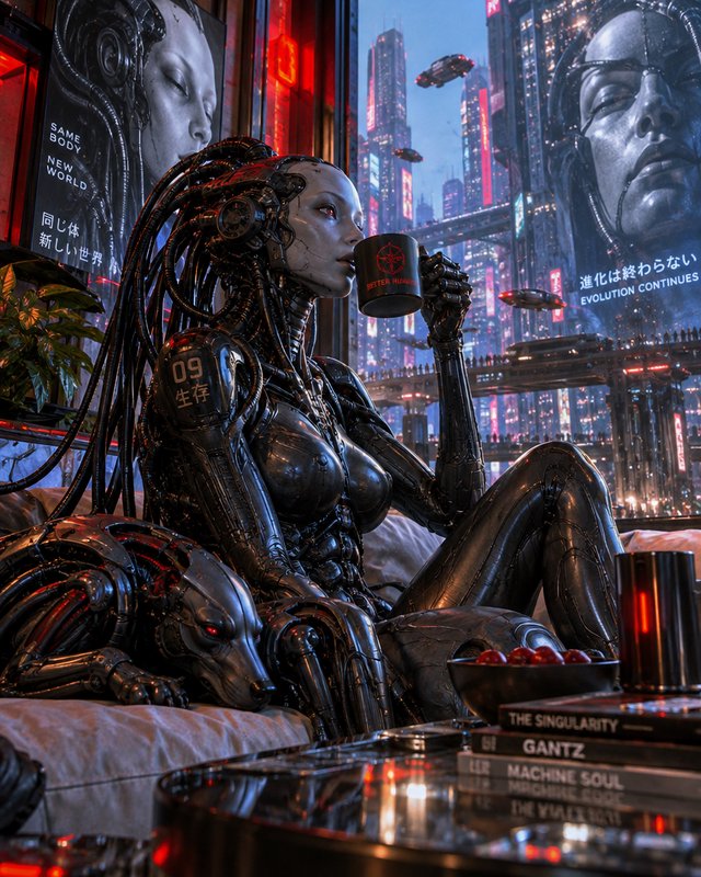 Female sleek cyberpunk android drinks coffee while a robotic dog rests beside her overlooking a neon megacity