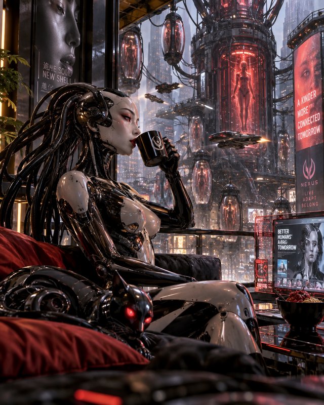 Sleek cyberpunk female cyborg sips coffee from a high-rise overlooking a futuristic sci-fi metropolis