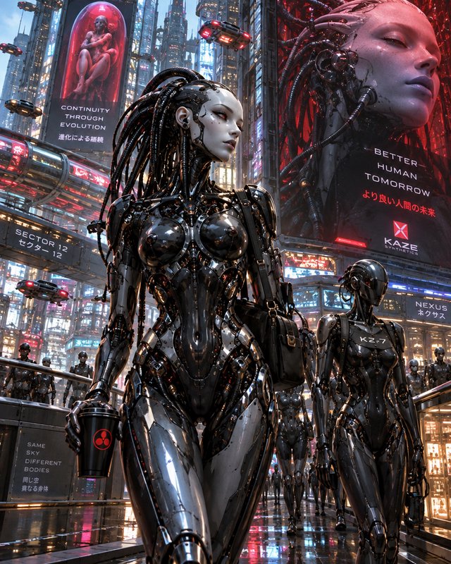 Sleek chrome female cyborg walks through a rain-slicked neon cyberpunk city alongside other android pedestrians