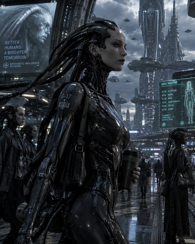 Sleek black biomechanical cyborg holds a coffee cup in a rainy futuristic cyberpunk city plaza