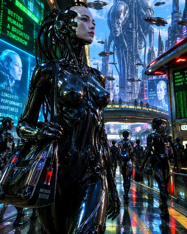 Sleek metallic female cyborg stands in a bustling futuristic cyberpunk transit station
