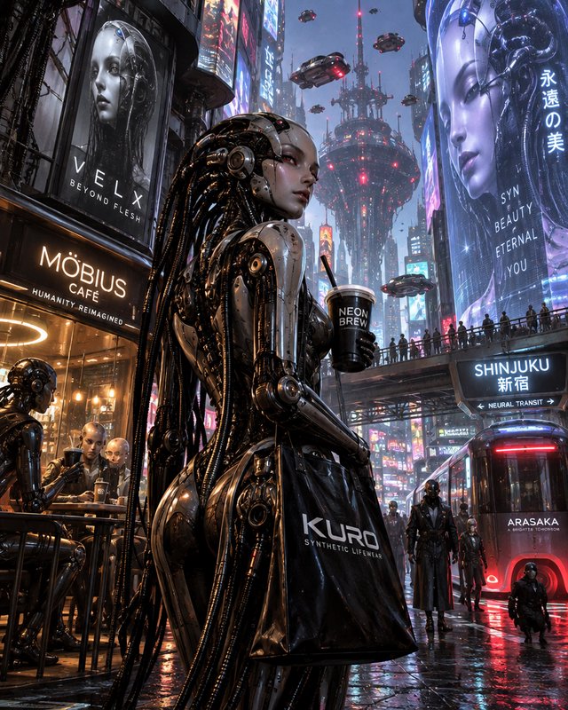 Female chrome cyborg holds a takeaway coffee while standing on a rain-soaked futuristic cyberpunk city street