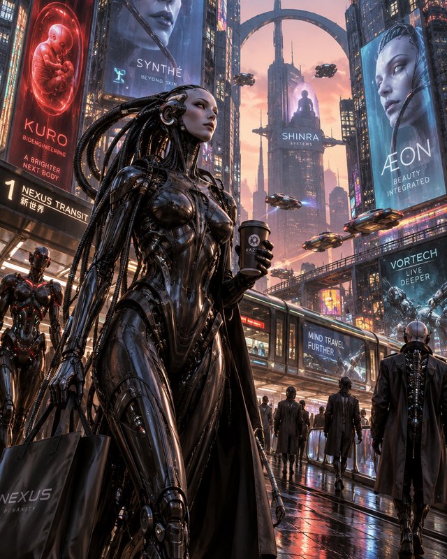 Sleek black chrome female cyborg holds coffee and shopping bags in a busy futuristic cyberpunk transit hub
