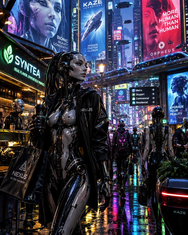 Female humanoid cyborg holds shopping bags while standing on a neon-lit rainy cyberpunk city street