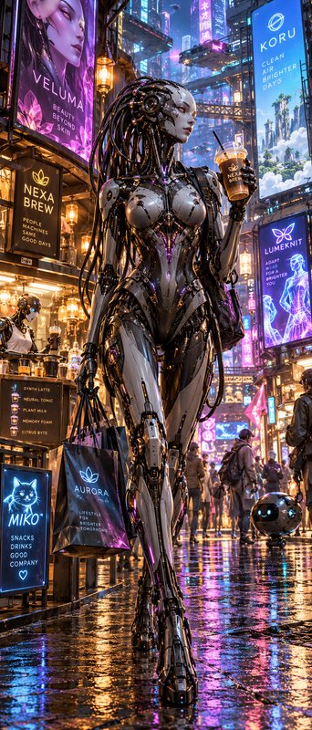 Sleek female cyborg carries iced coffee and shopping bags while walking down a neon-lit cyberpunk city street