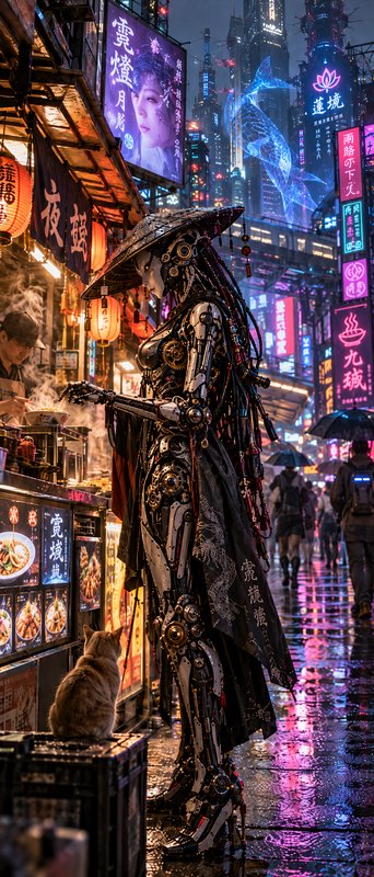 Intricate cyberpunk geisha android stands at a rain-soaked neon night market beside a sitting tabby cat