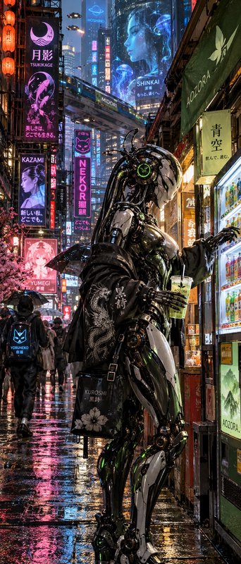 Sleek cyberpunk female android holds an iced drink while standing at a vending machine on a rain-soaked neon Tokyo street