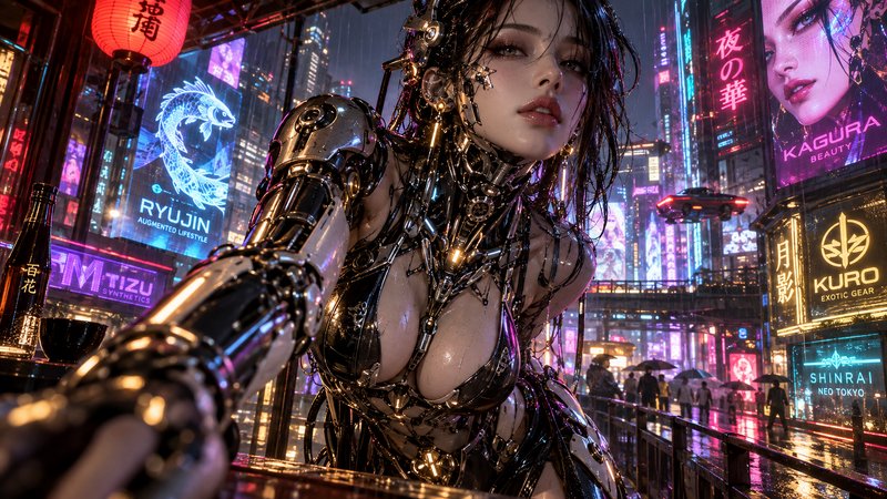 Female cyberpunk cyborg leans on a bar overlooking rain-soaked neon futuristic Tokyo