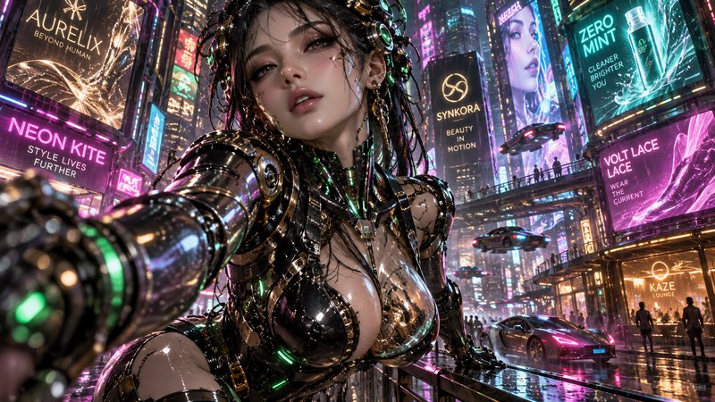 Cyborg woman with glossy chrome armor reaches toward the viewer overlooking a neon lit cyberpunk city