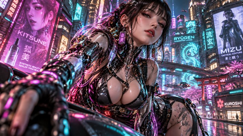 Cyberpunk cyborg woman with a mechanical prosthetic arm leans on a vehicle in a neon lit futuristic Tokyo city