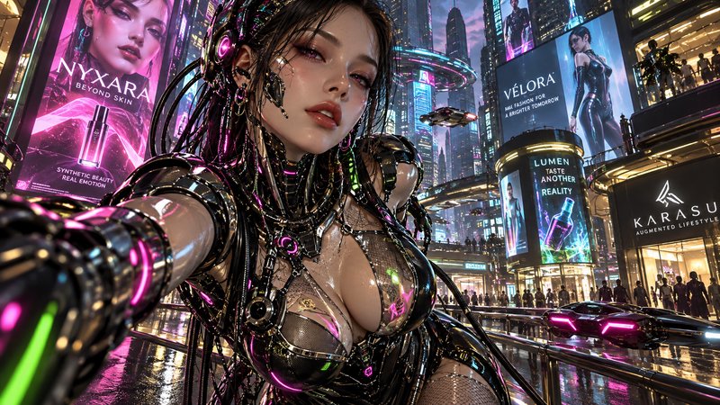 Augmented cyberpunk cyborg woman takes a selfie on a neon lit futuristic downtown plaza