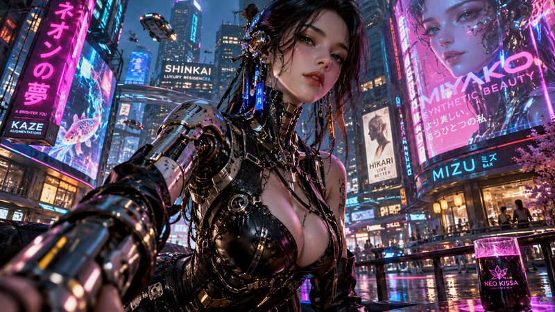 Cyborg woman with mechanical prosthetic arm leans at a rooftop bar overlooking a glowing neon cyberpunk city