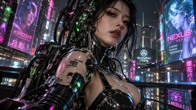 Cyborg woman with chrome mechanical augmentations overlooks a glowing neon cyberpunk city at night