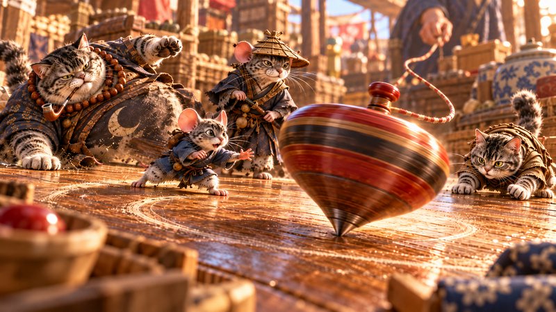Anthropomorphic tabby cats in tiny traditional robes gather around a spinning top on a wooden market table