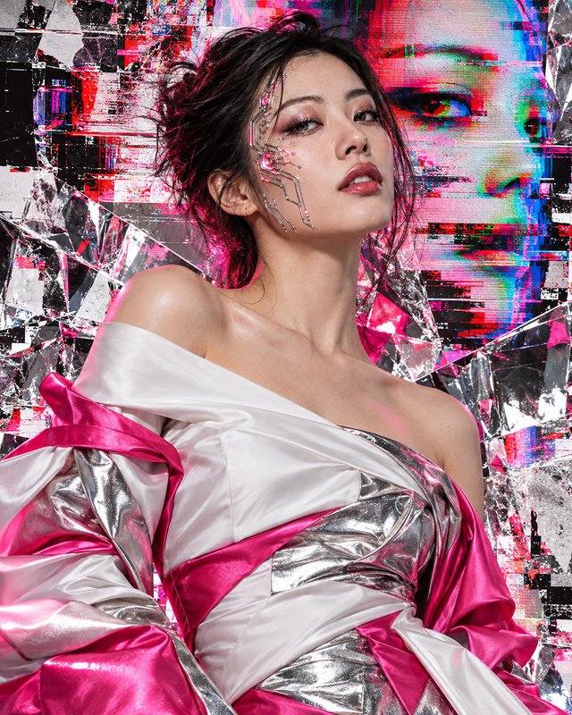 Cyberpunk East Asian model with circuit face makeup posed against glitch art digital backdrop