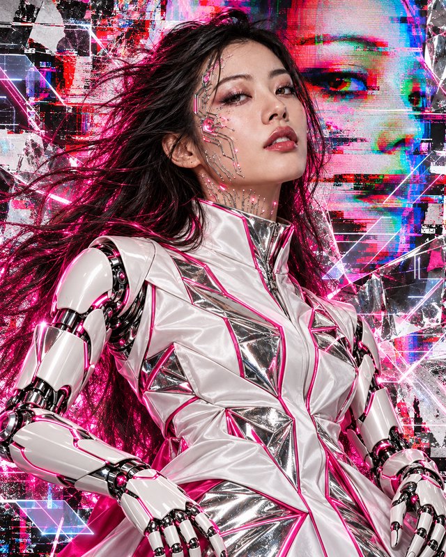 Cyberpunk cyborg woman with robotic arms and circuit face details against glitch neon art background