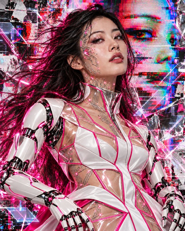 Cyberpunk cyborg woman with robotic arms and circuit face implants against glitch neon background