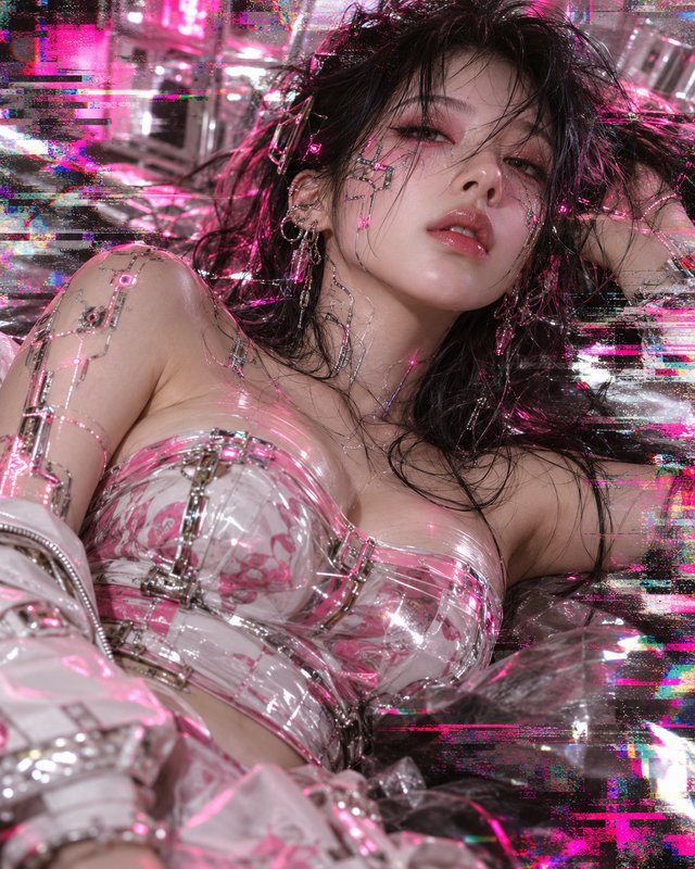 Cyborg cyberpunk woman with glowing circuitry, glitch effects, lit by bright pink neon lighting