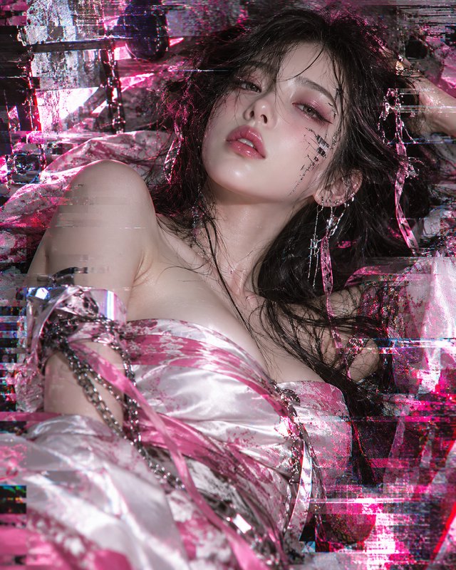 Glitch art close-up portrait of a woman in pink satin with cyber face decals and chain details