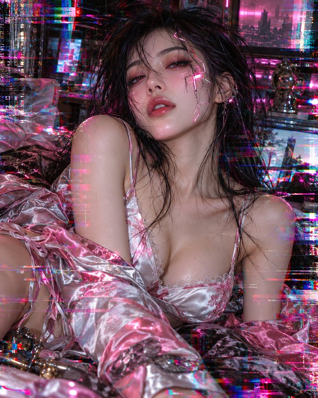 Cyberpunk woman with glowing pink facial circuitry reclines amid glitch overlays in silky loungewear