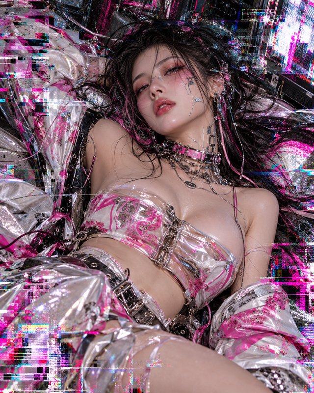 Cyberpunk styled woman with circuit face decals reclining amid vibrant pink and silver glitch digital effects
