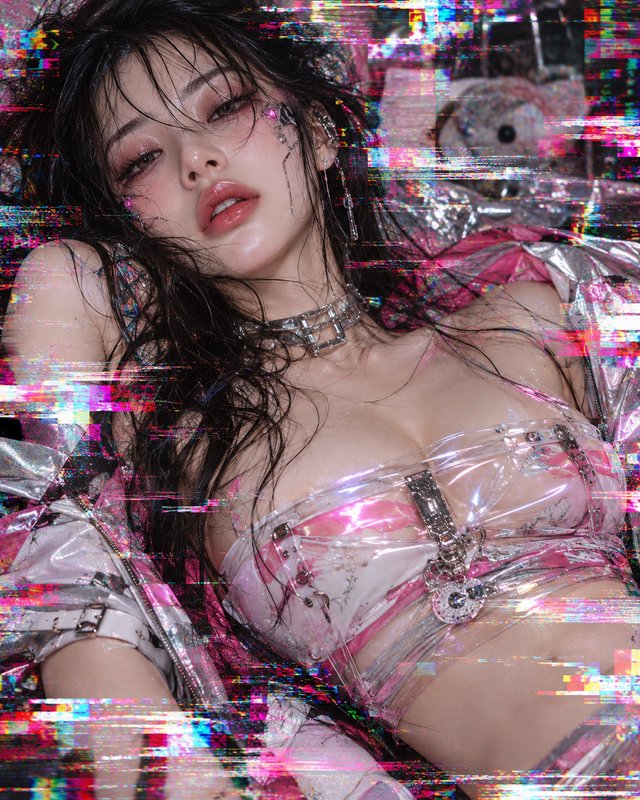 Cyberpunk glitch portrait of a young woman in pink futuristic wear with wet dark hair and silver jewelry