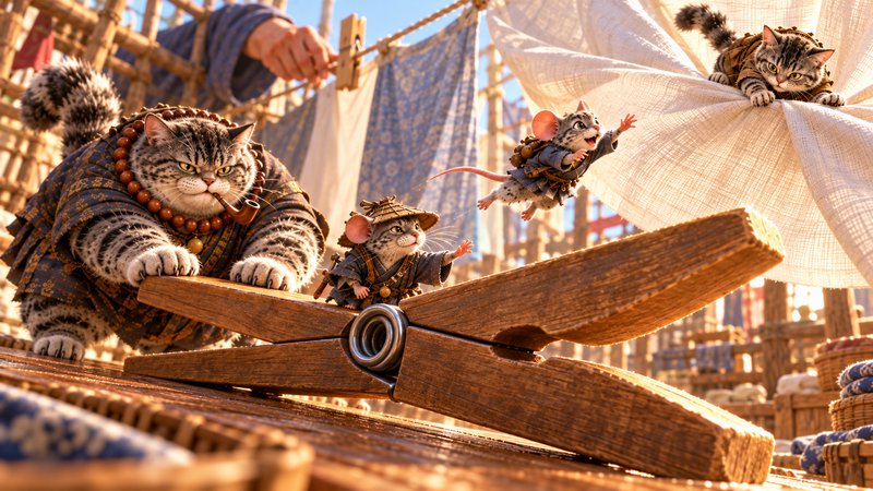 Anthropomorphic tabby cats and tiny mouse samurai interact with a giant wooden clothespin at a sunlit laundry yard