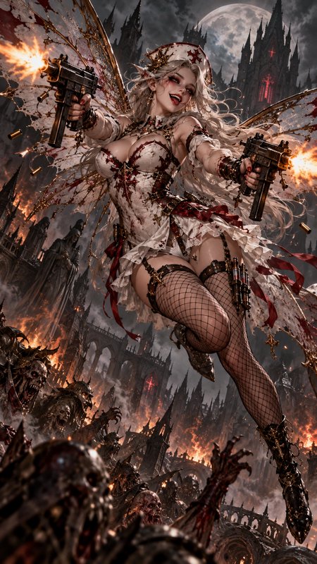 Winged elf fairy in a bloody nurse uniform fires dual handguns at undead above a burning gothic castle under full moon