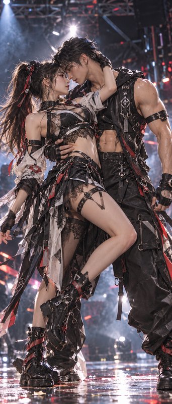 Cosplay couple in edgy tactical punk outfits pose intimately together on a lit concert stage