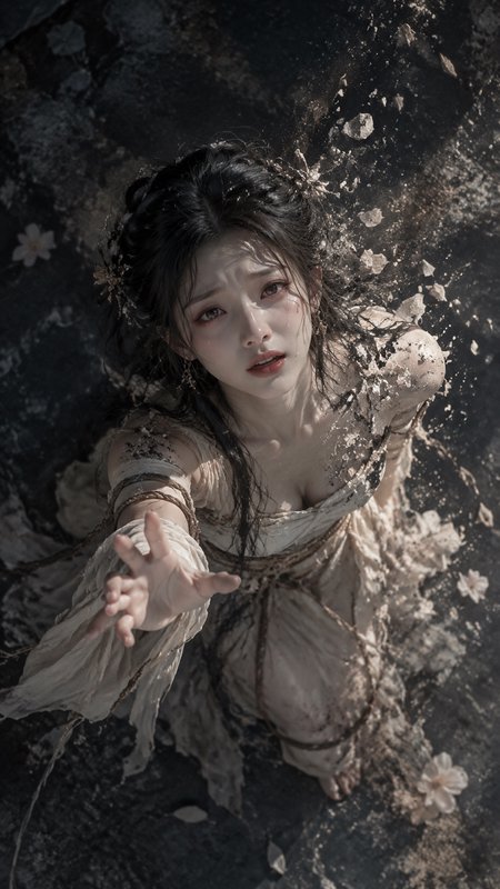 Sorrowful robed fantasy woman reaches upward as she crumbles into floating stone and flower fragm...
