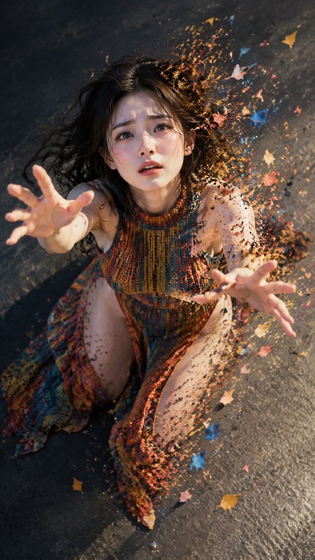 Distressed young woman kneels reaching upward as her form dissolves into floating autumn leaves o...
