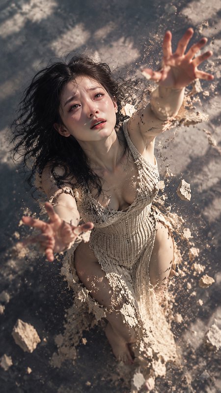 Distressed young woman reaches upward as dry sandy debris splashes around her