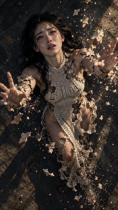 Distressed young woman reaches upward as her form crumbles into floating dry earth shards
