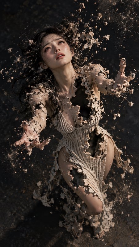 Woman reaches upward as splashing light tan clay breaks apart her crocheted dress against dark gr...