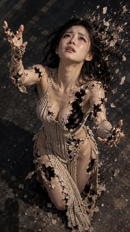 Emotional young woman kneels reaching upward as crumbling debris flies from her body and torn dress