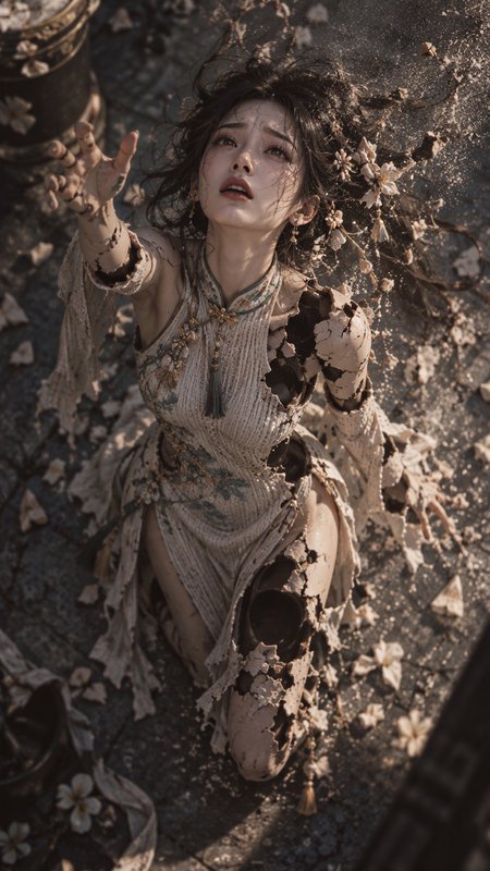 Crumbling porcelain fantasy woman kneels reaching upward, scattered flower petals surrounding her...