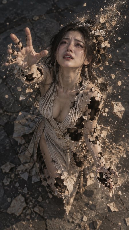 Distressed young woman reaches upward as her form crumbles to dust above cracked barren ground
