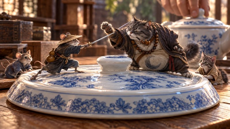 Tiny straw-hatted samurai mouse duels a robed tabby cat on a large blue and white porcelain platt...