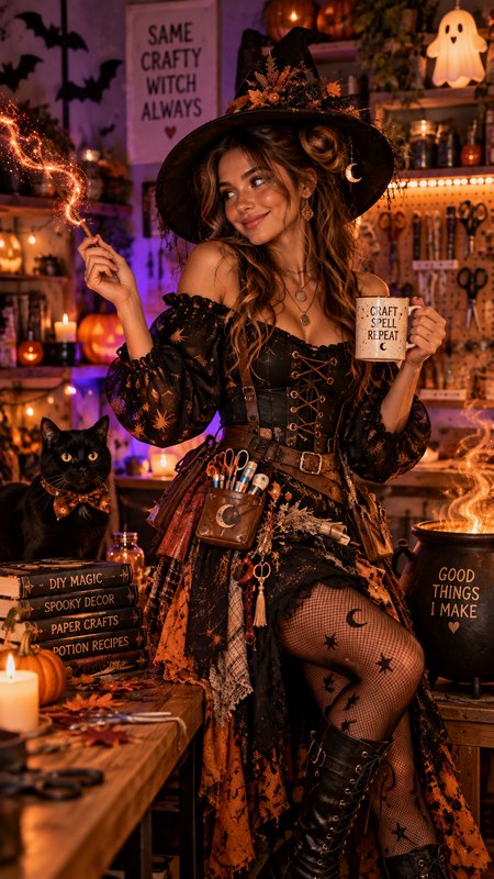 Smiling craft witch holds a glowing magic wand and mug beside her black cat in a cozy Halloween w...
