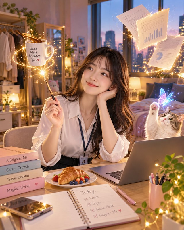 Young woman holds a magic wand at her home office desk as her tabby cat reaches for a glowing but...