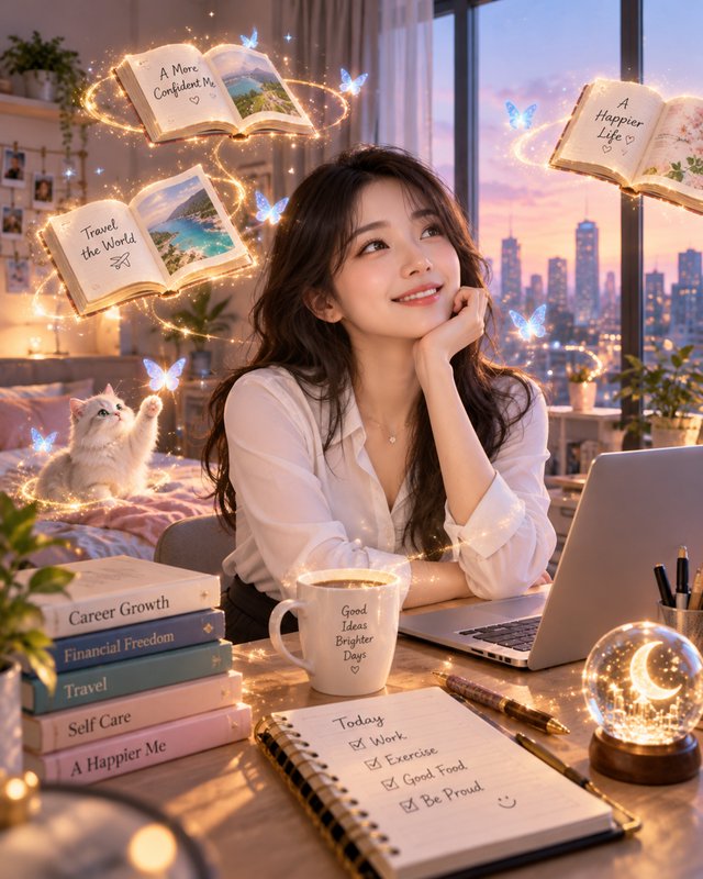 Smiling young woman daydreaming at a desk with glowing floating goal books in a cozy sunset city ...