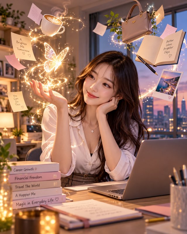 Smiling young woman at a home office desk looks at glowing floating magical objects above her out...