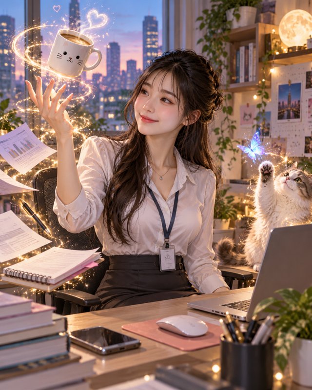 Young office worker floats a cat-print coffee mug with magic as her tabby cat reaches for a glowi...