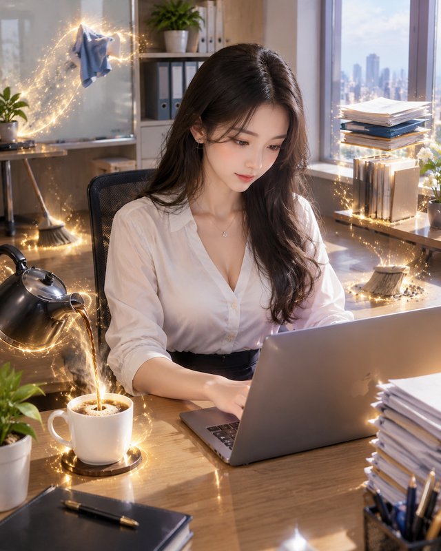 Young office worker types at her laptop as glowing magical floating objects complete chores aroun...