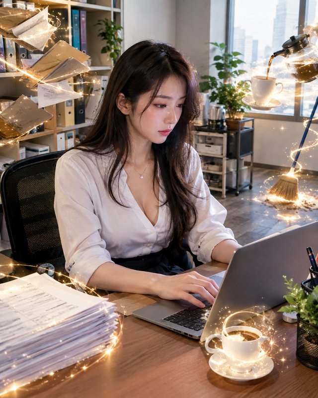 Focused young woman typing on a laptop in a whimsical magical office with floating enchanted supp...