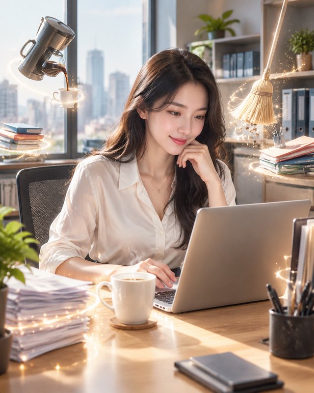 Smiling woman works at an office laptop as enchanted floating supplies tidy her sunlit desk
