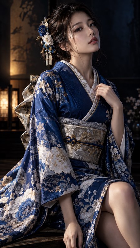 Elegant young woman in ornate blue floral kimono with floral hair accessories sits in a dim tradi...